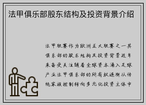 法甲俱乐部股东结构及投资背景介绍