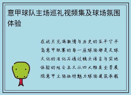 意甲球队主场巡礼视频集及球场氛围体验